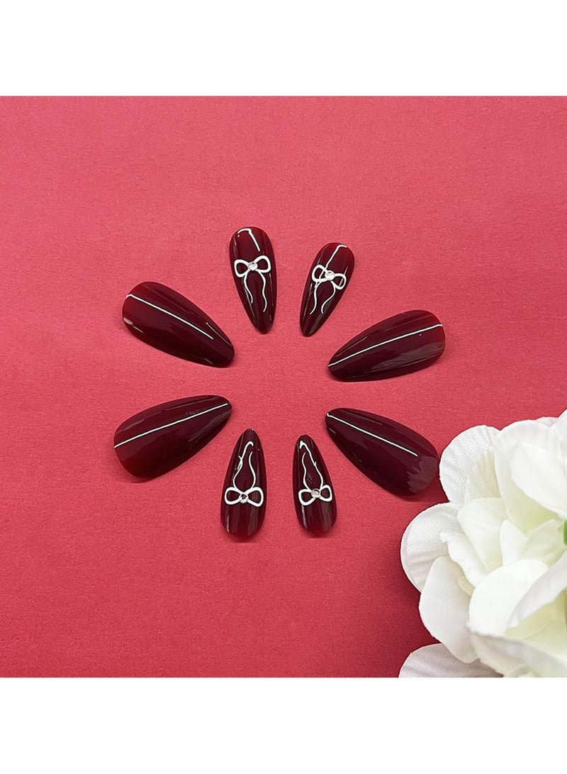 Press on Nails Medium Almond Fake Nails with Bow Designs Acrylic Nails Press ons Glossy Glue on Nails Burgundy False Nails Stick on Nails for Women 24Pcs - Image 2