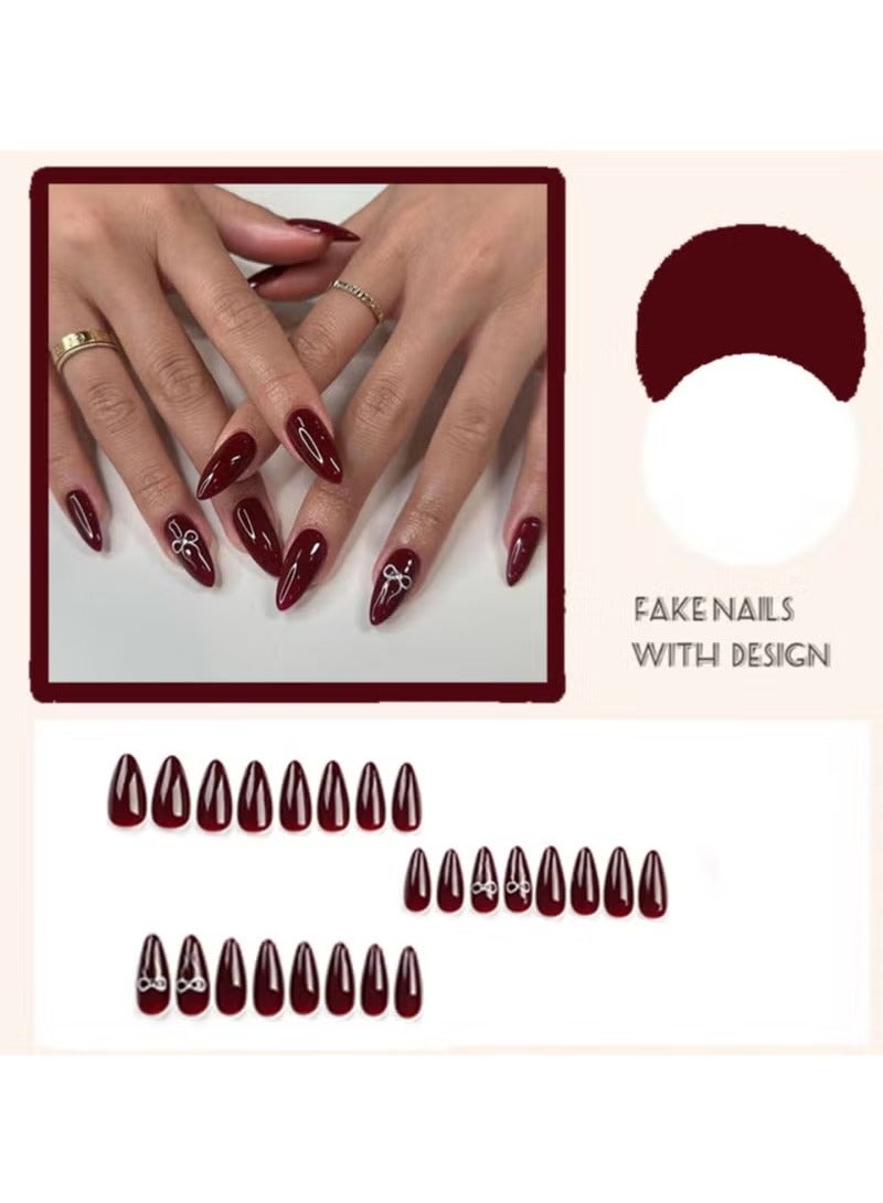 Press on Nails Medium Almond Fake Nails with Bow Designs Acrylic Nails Press ons Glossy Glue on Nails Burgundy False Nails Stick on Nails for Women 24Pcs - Image 5