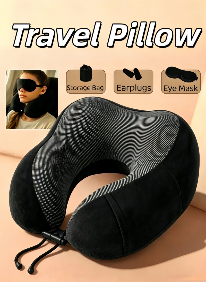 XiuWoo U-Shaped Neck Pillow,Removable Washable Memory Foam Pillow,Neck Pillow with 360-Degree Head Support,Head Rest Neck Support,Travel Pillow,Comfortable and Lightweight,Portable Pillow forith Portable Storage Bag,Sleep Mask and Earplugs,for Airplane,Car, Train,Bus and Home Use(Black) - Image 1