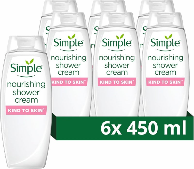 Simple Kind to Skin Nourishing Body Wash Shower Gel with vitamins and natural geranium oil for gentle skin care 450 ml Pack of 6