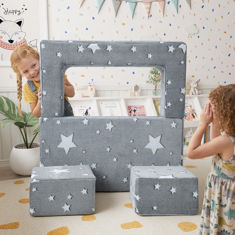 MeMoreCool Modular Kids Play Couch Sofa â€“ Glow-in-the-Dark Star Design, Fold-Out Toddler Couch for Playroom Furniture, Grey - Image 3