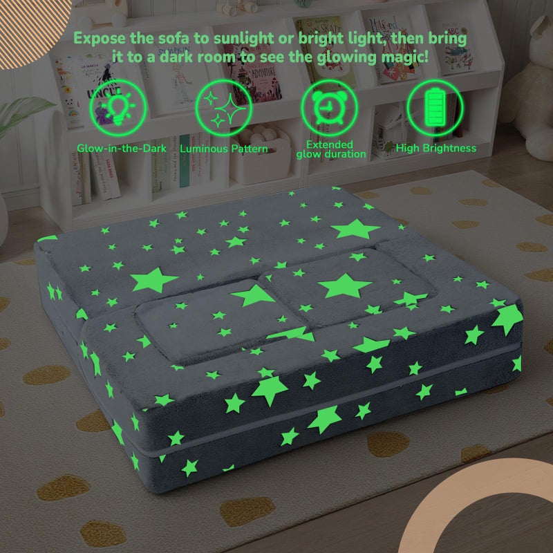 MeMoreCool Modular Kids Play Couch Sofa â€“ Glow-in-the-Dark Star Design, Fold-Out Toddler Couch for Playroom Furniture, Grey - Image 4