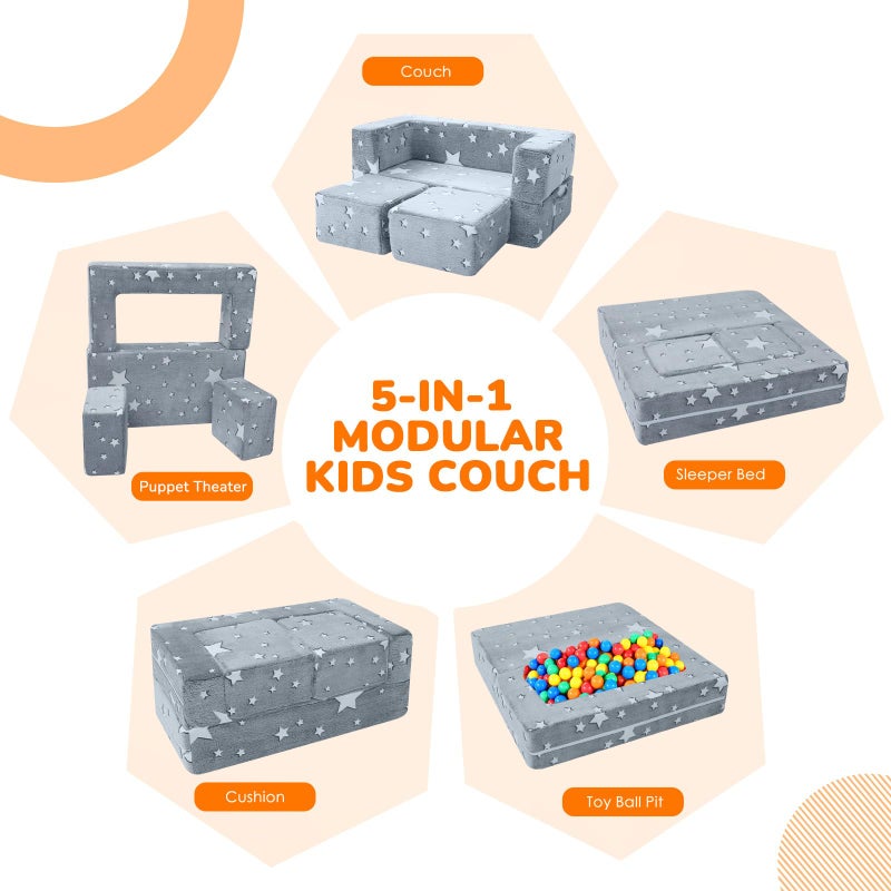 MeMoreCool Modular Kids Play Couch Sofa â€“ Glow-in-the-Dark Star Design, Fold-Out Toddler Couch for Playroom Furniture, Grey - Image 2