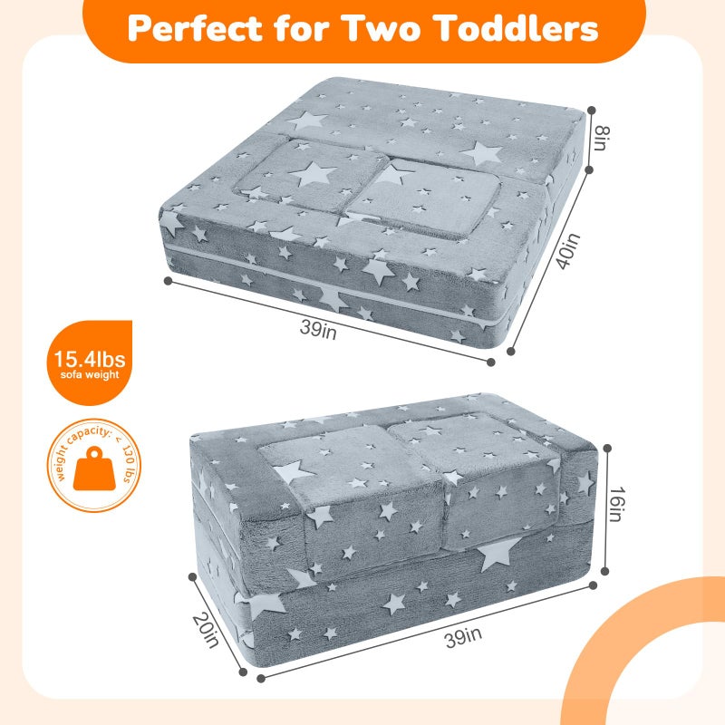 MeMoreCool Modular Kids Play Couch Sofa â€“ Glow-in-the-Dark Star Design, Fold-Out Toddler Couch for Playroom Furniture, Grey - Image 5