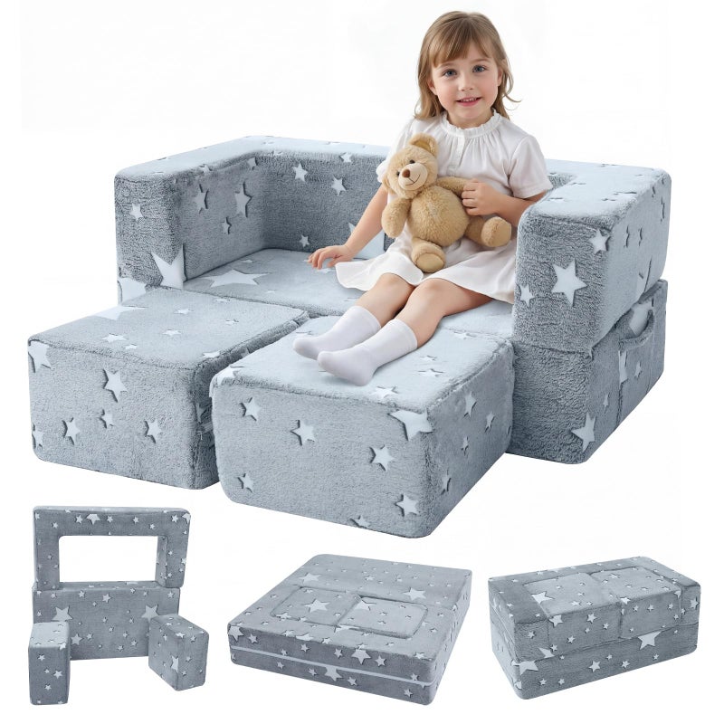 MeMoreCool Modular Kids Play Couch Sofa â€“ Glow-in-the-Dark Star Design, Fold-Out Toddler Couch for Playroom Furniture, Grey - Image 1