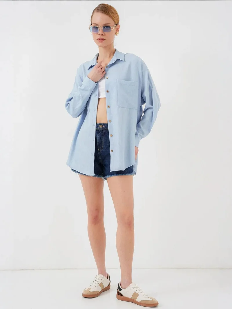 بيغ دارت قميص كتان بأكمام طويلة مقاس كبير مع جيب