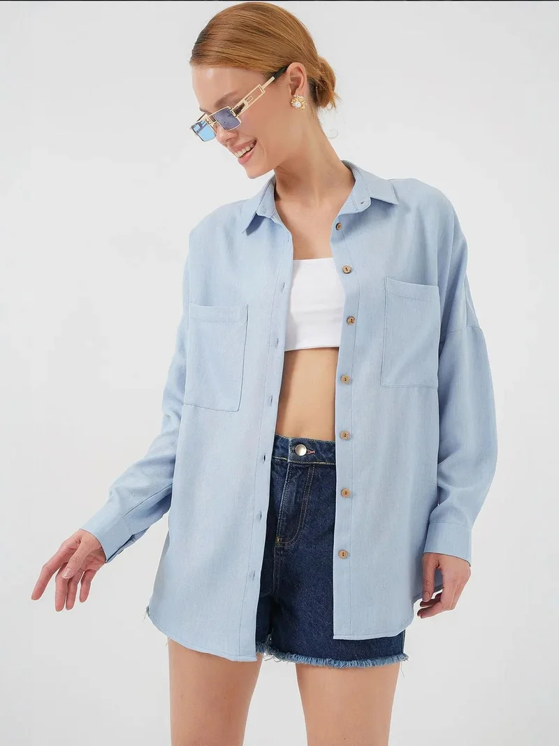 بيغ دارت قميص كتان بأكمام طويلة مقاس كبير مع جيب