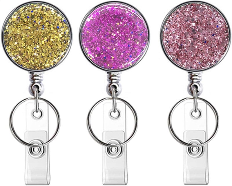 Boutilon Retractable Badge Holder, Retractable Badge Reels,Lightweight Plastic Badge Reel Card Holder with Key Ring Backing Belt Clip for Nurse,Volunteer,Teacher,Student(Pretty Golden Pink Purple) - Image 1