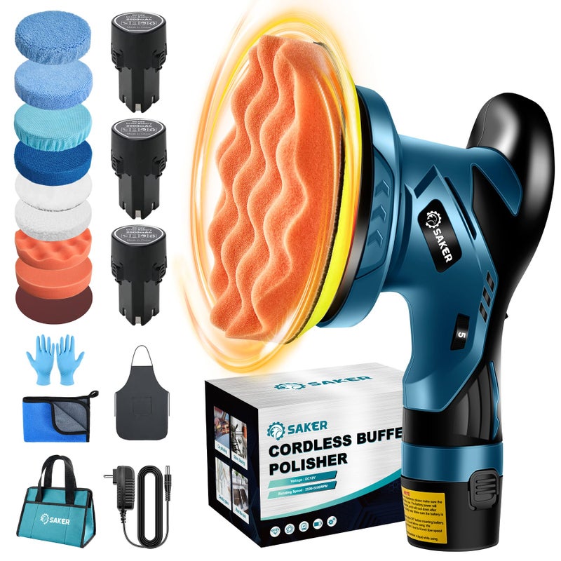 Saker Cordless Car Buffer Polisher 6 Inch Portable Polishing Waxer Machine Kit for Car Detailing with 3PCS 12V 2000mAh Batteries Cloth Bag Gloves Extends to 22 Attachments