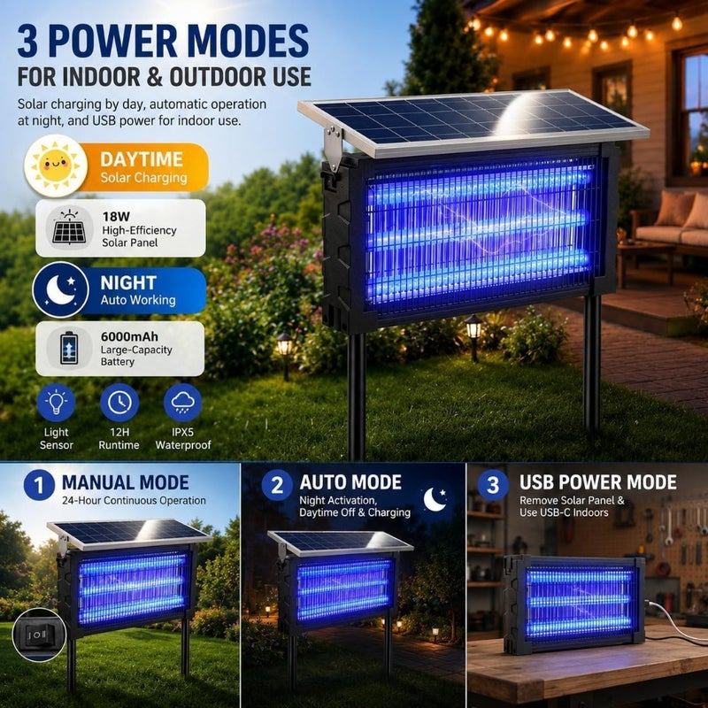 Solar Bug Zapper Outdoor, 3500V Rechargeable Mosquito Zapper 4000mAh Battery, Detachable Solar Panel, Mosquito Killer Indoor, Cordless Fly Insect Zapper Waterproof for Patio Garden Camping - Image 5