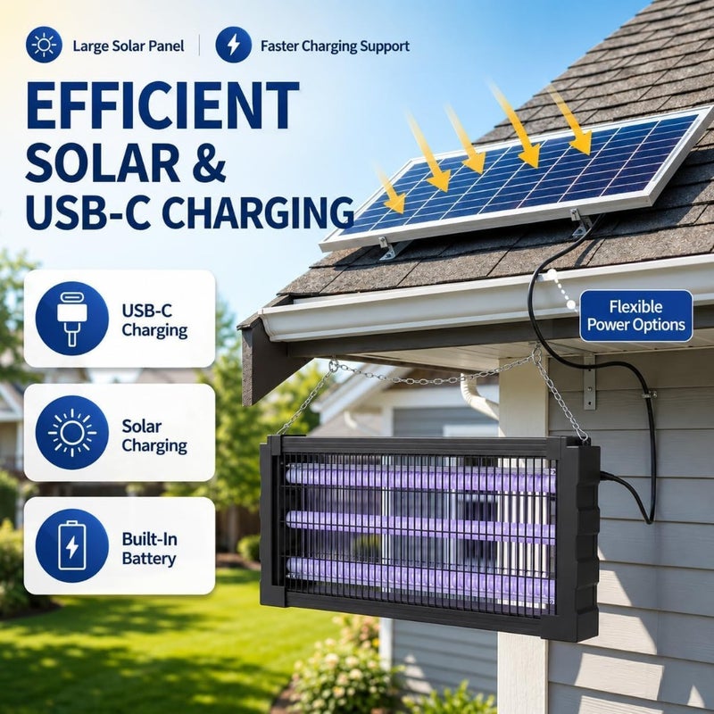 Solar Bug Zapper Outdoor, 3500V Rechargeable Mosquito Zapper 4000mAh Battery, Detachable Solar Panel, Mosquito Killer Indoor, Cordless Fly Insect Zapper Waterproof for Patio Garden Camping - Image 3