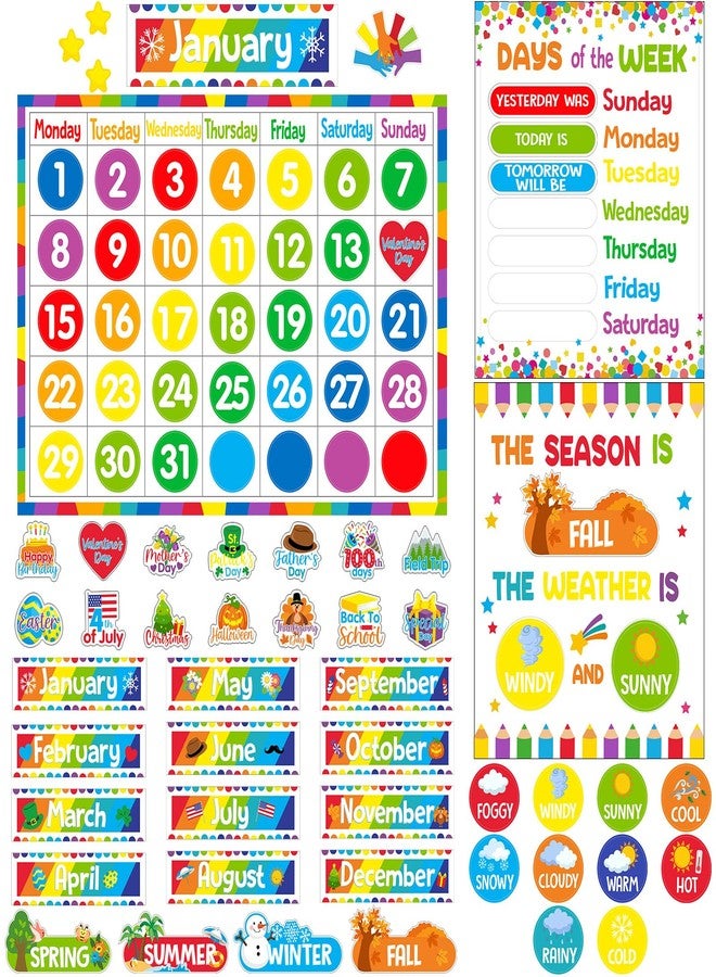 Tenare Calendar Bulletin Board Set, Calendar Seasons Weather Chart Bulletin Board and Classroom Display with Stickers for School Classroom Bedroom Wall Decoration (Multicolored Style) - Image 1