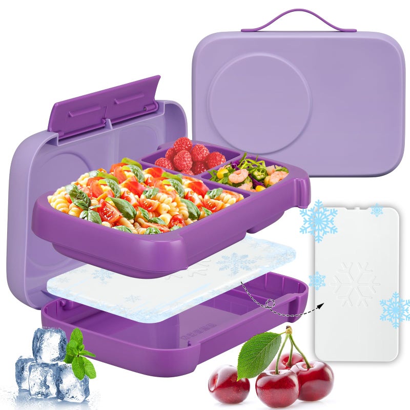JXXM Bento Box for KidsKids Bento Lunch Box with Builtin Ice Pack for School3 Compartments Leak Proof Lunch Container with Utensils for Girl BoyBPA FreeMicrowave  Dishwasher Safe 44ozPurple