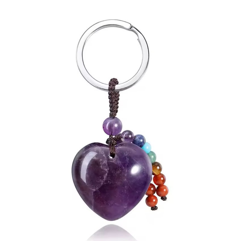 Heart Keychain 3CM Purple Natural Amethyst Healing Gemstone - Handcrafted Unique Heart Pendant for Couple Daily Use - Image 1