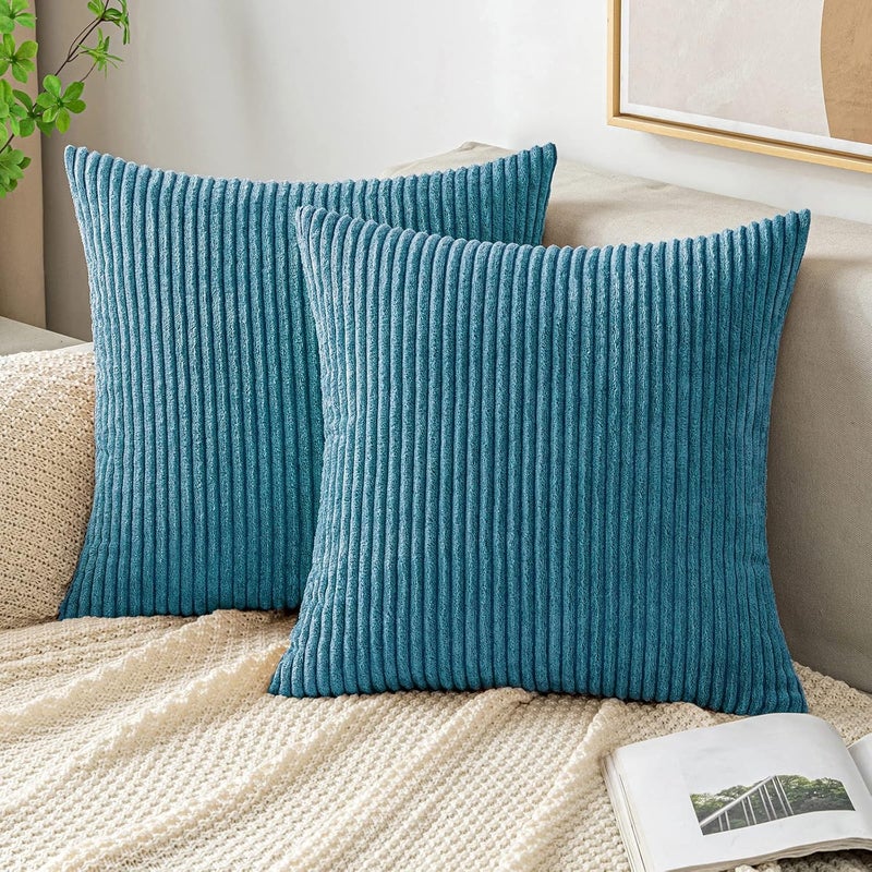 EMEMA Cushion Covers Corduroy Square Throw Pillow Covers Striped Soft Sham Home for Sofa Couch Bedroom Decorative Pillowcases 18x18 Inch 45x45cm Set of 2 Lake-blue - Image 1