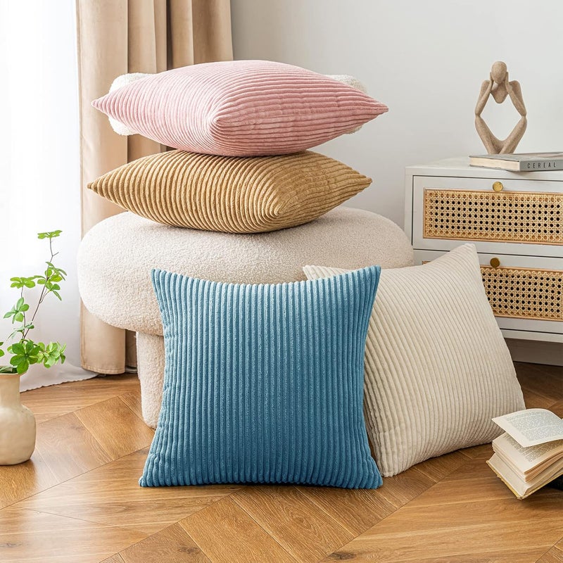 EMEMA Cushion Covers Corduroy Square Throw Pillow Covers Striped Soft Sham Home for Sofa Couch Bedroom Decorative Pillowcases 18x18 Inch 45x45cm Set of 2 Lake-blue - Image 5
