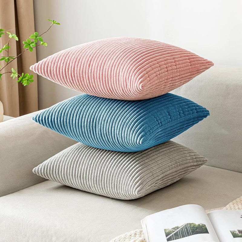 EMEMA Cushion Covers Corduroy Square Throw Pillow Covers Striped Soft Sham Home for Sofa Couch Bedroom Decorative Pillowcases 18x18 Inch 45x45cm Set of 2 Lake-blue - Image 4