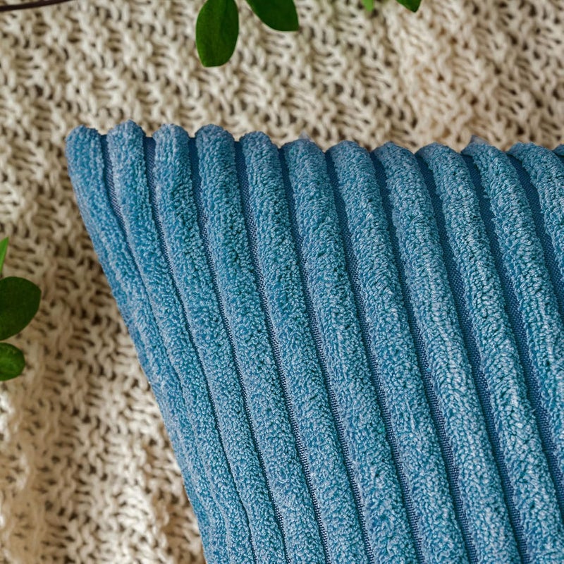 EMEMA Cushion Covers Corduroy Square Throw Pillow Covers Striped Soft Sham Home for Sofa Couch Bedroom Decorative Pillowcases 18x18 Inch 45x45cm Set of 2 Lake-blue - Image 3