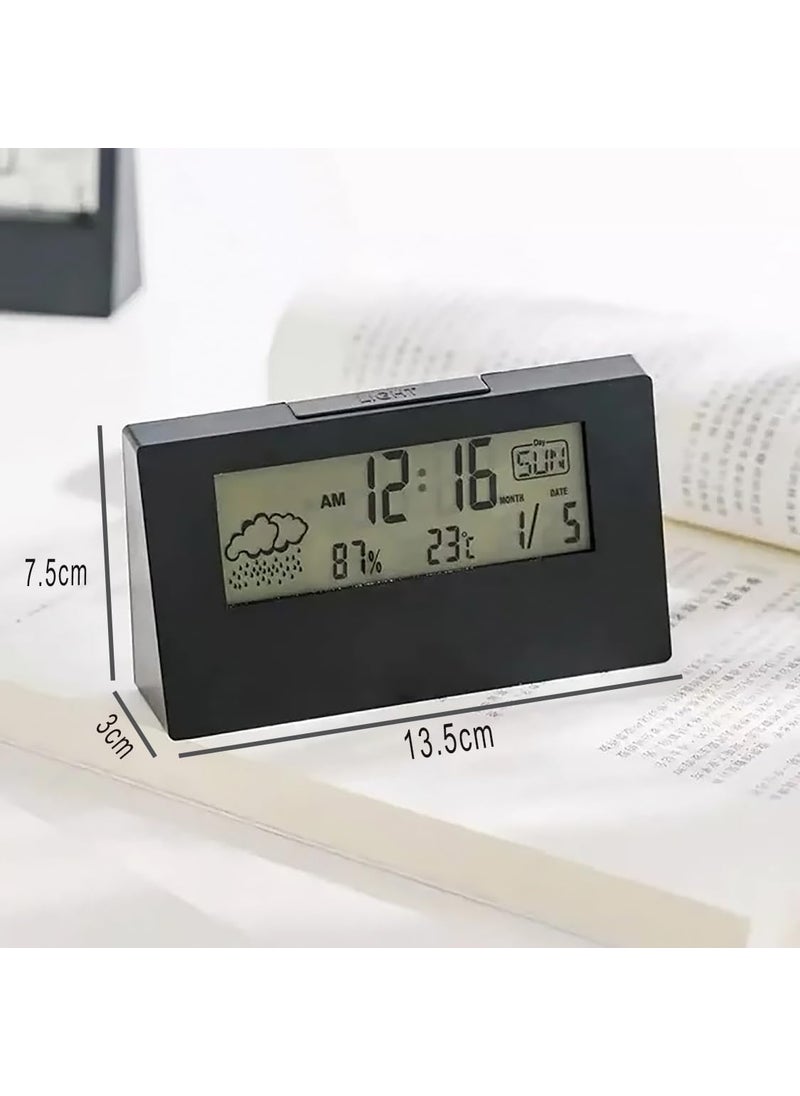 GLUN Backlight LED Digital Alarm Clock Black Colour with Snooze Function Data Time Calendar and Temperature Battery Operated for Bedrooms Office Table and Desk