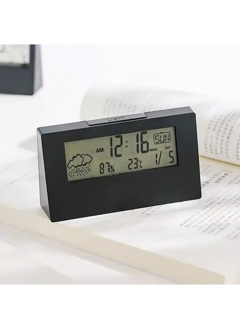 GLUN Backlight LED Digital Alarm Clock Black Colour with Snooze Function Data Time Calendar and Temperature Battery Operated for Bedrooms Office Table and Desk