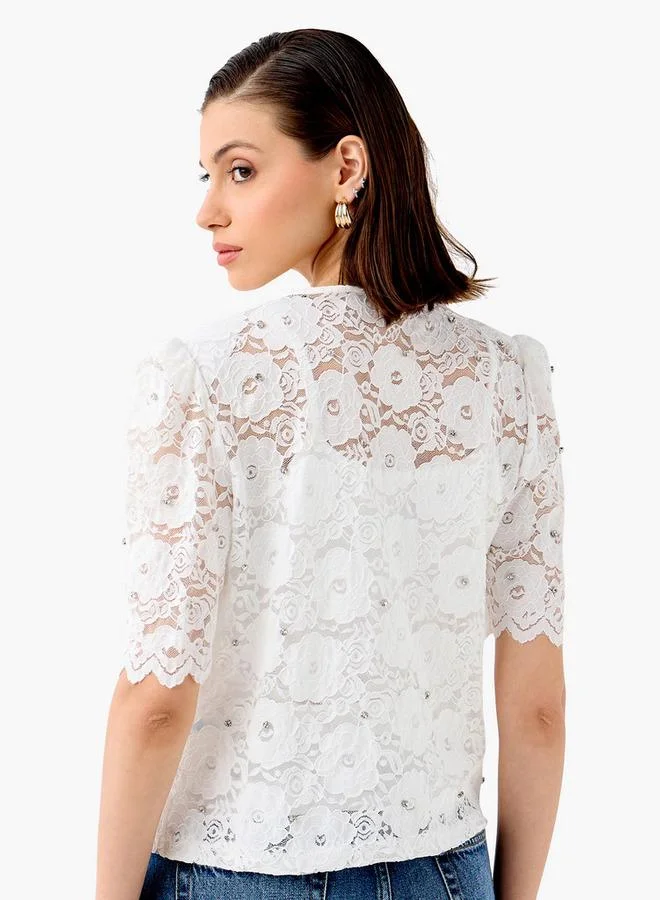 2Xtremz 2Xtremz Lace Detail Top with Puff Sleeves