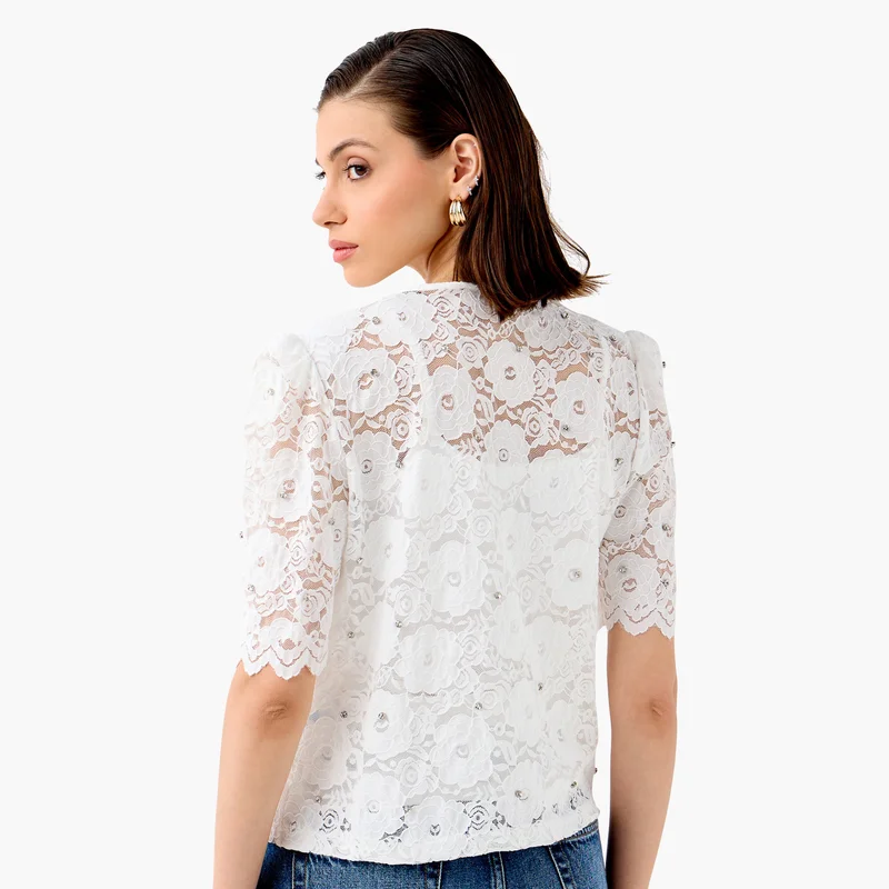 2Xtremz 2Xtremz Lace Detail Top with Puff Sleeves
