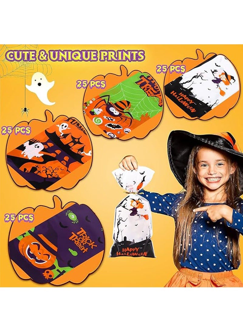 يواوليتي زينة عيد الهالوين، أكياس حلوى عيد الهالوين 100 قطعة، أكياس عيد الهالوين مع أربطة ملتوية لمستلزمات حفلات عيد الهالوين - Image 3