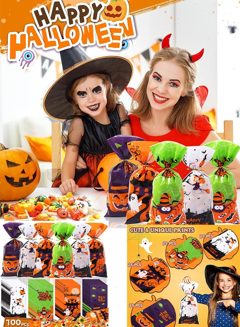 يواوليتي زينة عيد الهالوين، أكياس حلوى عيد الهالوين 100 قطعة، أكياس عيد الهالوين مع أربطة ملتوية لمستلزمات حفلات عيد الهالوين - Image 1