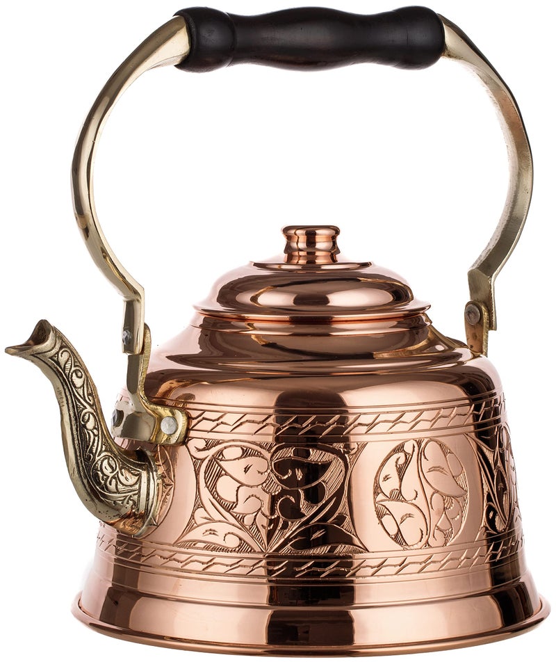 DEMMEX Heavy Gauge 1mm Thick Engraved Solid Copper Tea Pot Kettle Stovetop Teapot, Handmade (1.6-Quarts - Engraved) - Image 1