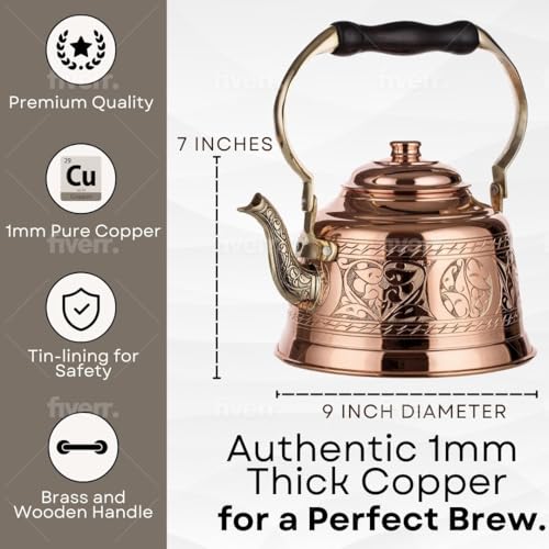 DEMMEX Heavy Gauge 1mm Thick Engraved Solid Copper Tea Pot Kettle Stovetop Teapot, Handmade (1.6-Quarts - Engraved) - Image 4