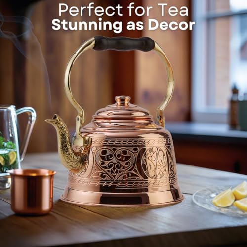 DEMMEX Heavy Gauge 1mm Thick Engraved Solid Copper Tea Pot Kettle Stovetop Teapot, Handmade (1.6-Quarts - Engraved) - Image 3