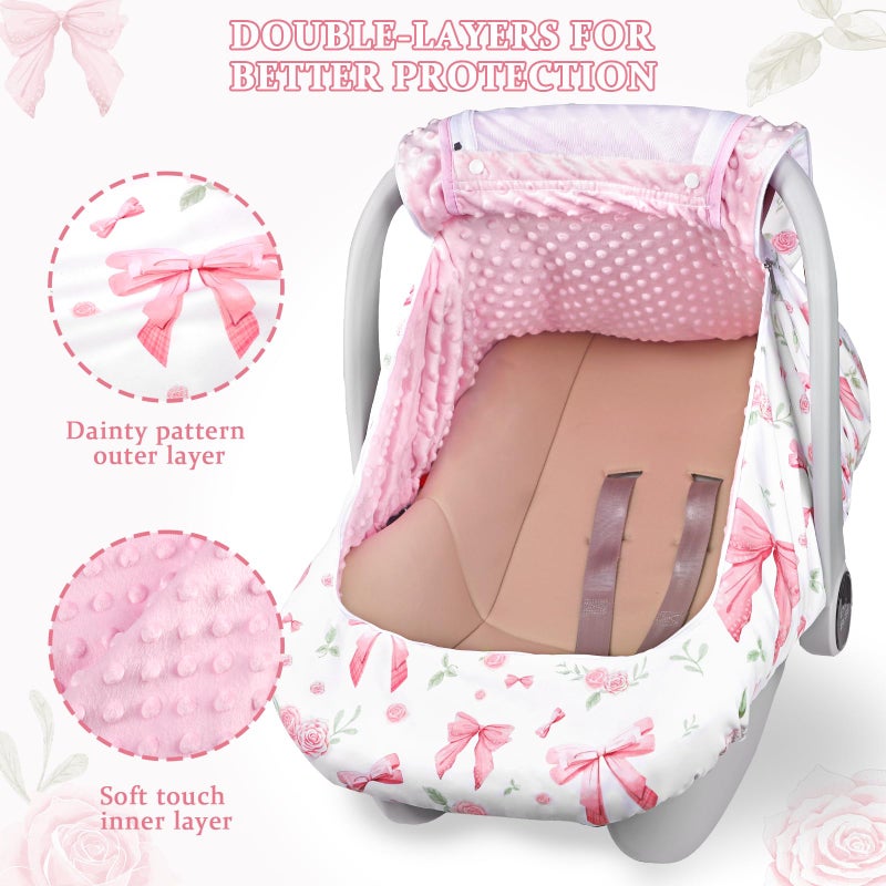 Jundetye Car Seat Cover Baby Girls Winter, Dual Zipper Infant Carseat Covers with Breathable Mesh, Universal & Warm Protection Canopy Snug Fit Baby Carseats & Strollers, Pink Rose - Image 2