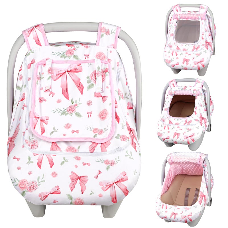 Jundetye Car Seat Cover Baby Girls Winter, Dual Zipper Infant Carseat Covers with Breathable Mesh, Universal & Warm Protection Canopy Snug Fit Baby Carseats & Strollers, Pink Rose - Image 1