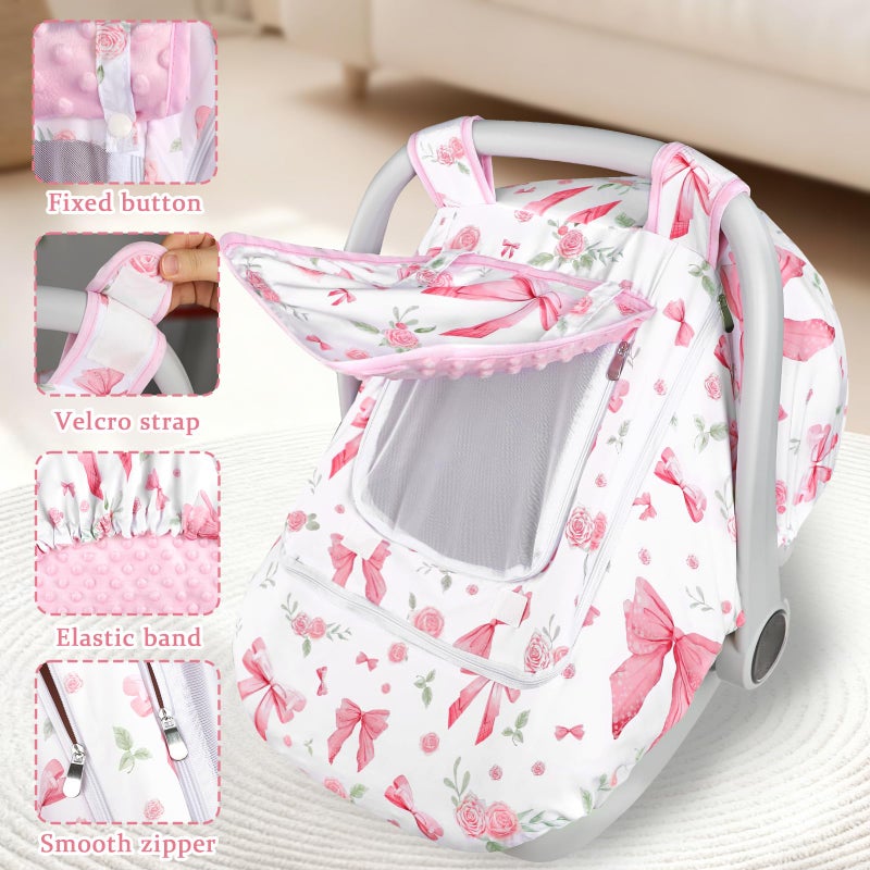 Jundetye Car Seat Cover Baby Girls Winter, Dual Zipper Infant Carseat Covers with Breathable Mesh, Universal & Warm Protection Canopy Snug Fit Baby Carseats & Strollers, Pink Rose - Image 4