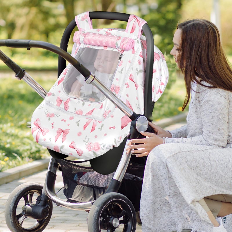 Jundetye Car Seat Cover Baby Girls Winter, Dual Zipper Infant Carseat Covers with Breathable Mesh, Universal & Warm Protection Canopy Snug Fit Baby Carseats & Strollers, Pink Rose - Image 3