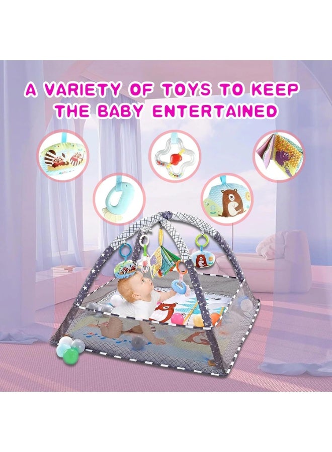 أجريون بساط لعب لصالة الألعاب الرياضية للأطفال، بساط لعب لأرضية الأطفال من دي إم جي مع 5 ألعاب معلقة و18 كرة محيطية لتنمية المهارات الحسية والحركية، سجادات لعب غير قابلة للانزلاق وقابلة للغسل للرضع من عمر 0 ​​إلى 18 شهرًا - Image 5