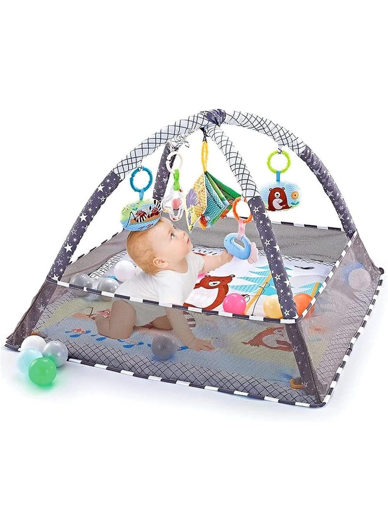 أجريون بساط لعب لصالة الألعاب الرياضية للأطفال، بساط لعب لأرضية الأطفال من دي إم جي مع 5 ألعاب معلقة و18 كرة محيطية لتنمية المهارات الحسية والحركية، سجادات لعب غير قابلة للانزلاق وقابلة للغسل للرضع من عمر 0 ​​إلى 18 شهرًا - Image 1