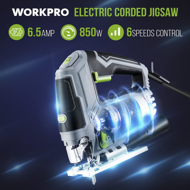 WORKPRO Jigsaw, 6.5AMP 850W Corded Electric Jig Saw Tool Kit with 6 Variable Speeds, 7 Blades, Â±45Â° Bevel Cutting, LED Light, 3000 SPM, 4 Orbital Settings, Edge Guide, Tool-free Blade Changing - Image 3
