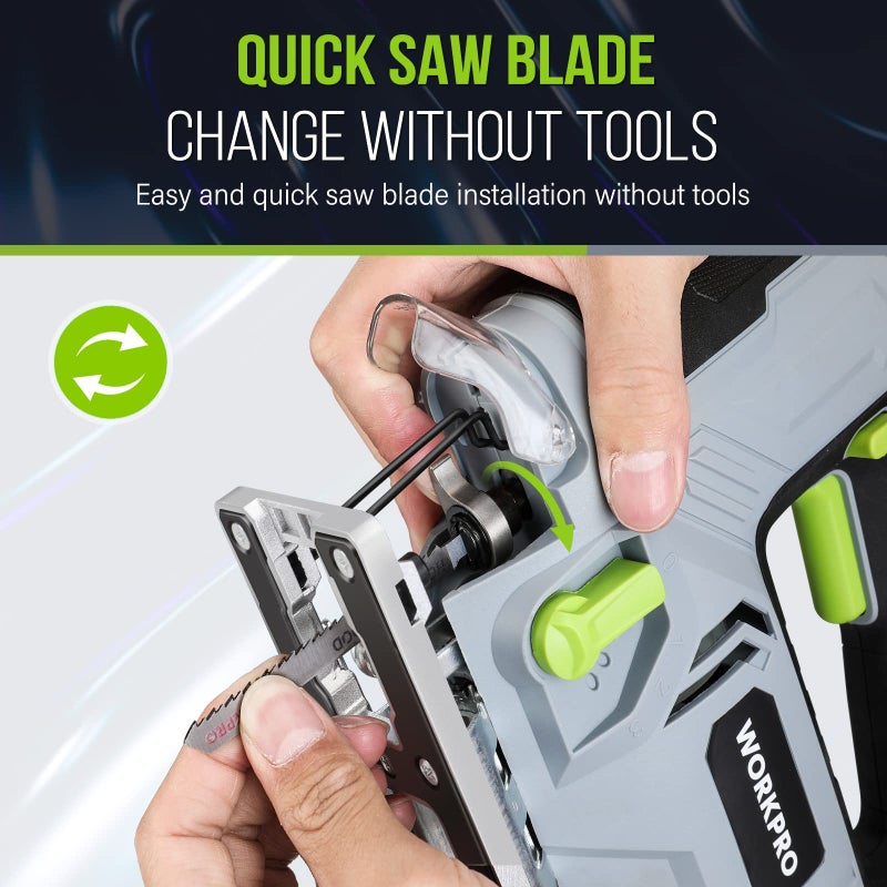 WORKPRO Jigsaw, 6.5AMP 850W Corded Electric Jig Saw Tool Kit with 6 Variable Speeds, 7 Blades, Â±45Â° Bevel Cutting, LED Light, 3000 SPM, 4 Orbital Settings, Edge Guide, Tool-free Blade Changing - Image 5