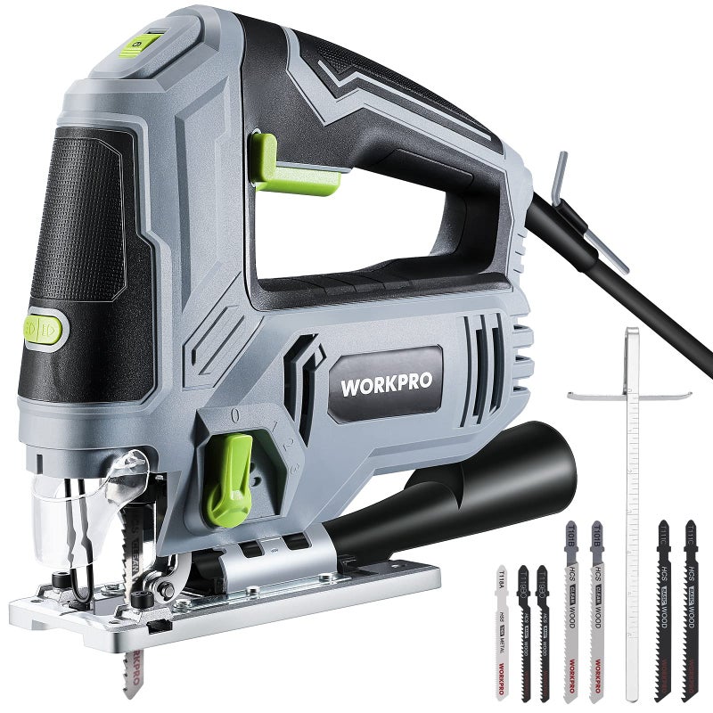 WORKPRO Jigsaw, 6.5AMP 850W Corded Electric Jig Saw Tool Kit with 6 Variable Speeds, 7 Blades, Â±45Â° Bevel Cutting, LED Light, 3000 SPM, 4 Orbital Settings, Edge Guide, Tool-free Blade Changing - Image 1