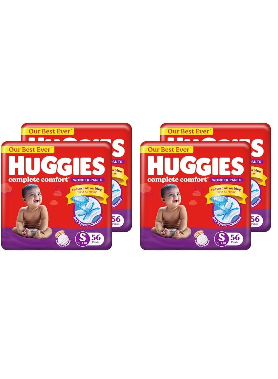 Huggies Complete Comfort Wonder Pants | Pant Style Baby Diapers S Size, 56*4 Count | India's Fastest Absorbing Diaper, Patented Dry Xpert Channel, Ideal for 4 to 8 Kgs (Pack of4)