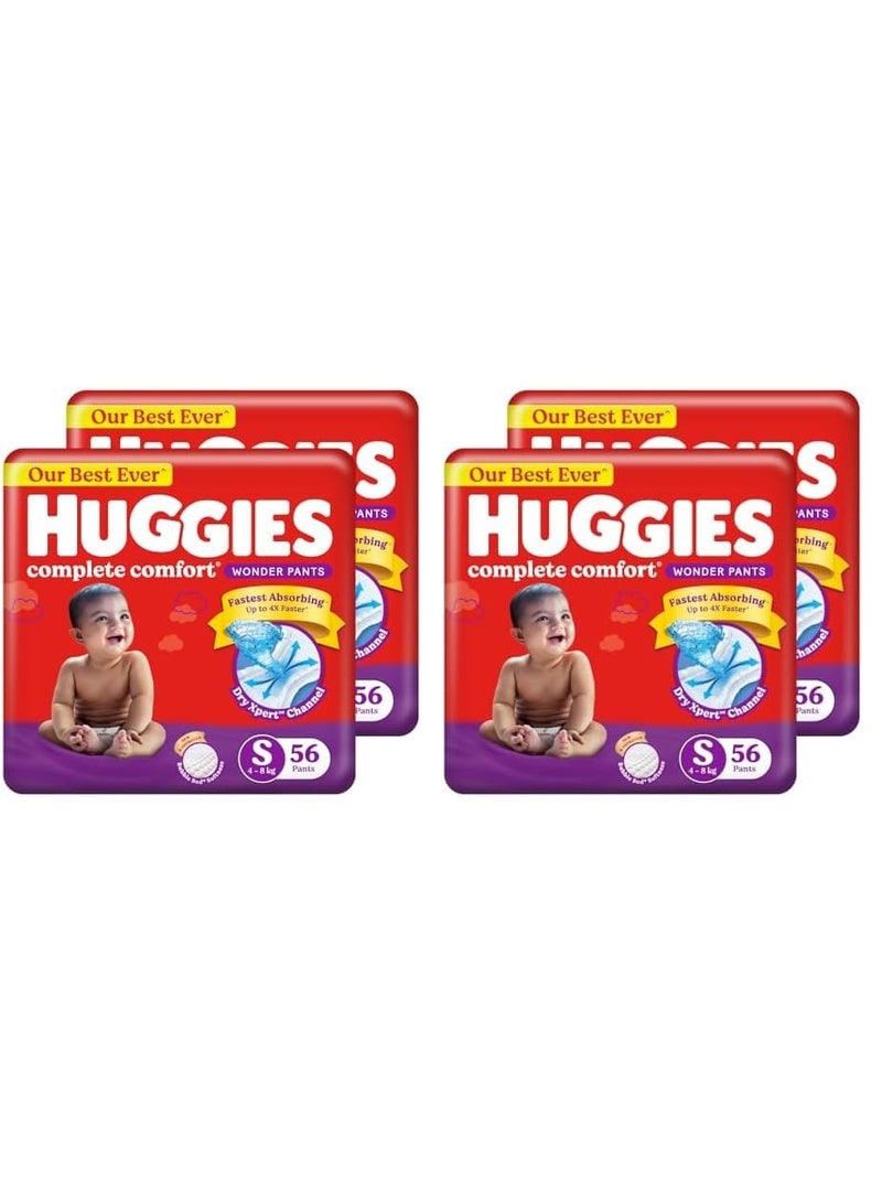 Huggies Complete Comfort Wonder Pants | Pant Style Baby Diapers S Size, 56*4 Count | India's Fastest Absorbing Diaper, Patented Dry Xpert Channel, Ideal for 4 to 8 Kgs (Pack of4) - Image 1