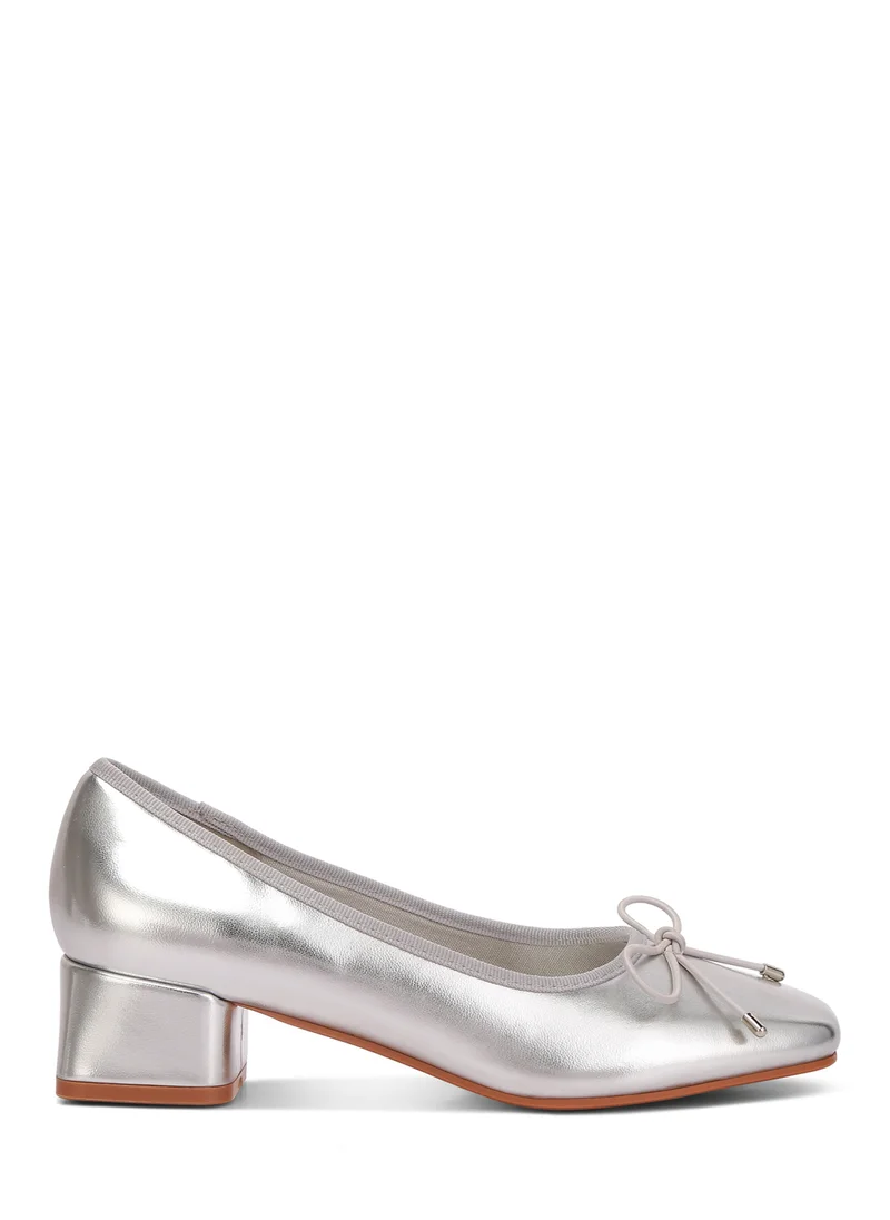 London Rag Metallic Low Block Heel Ballerinas in Silver