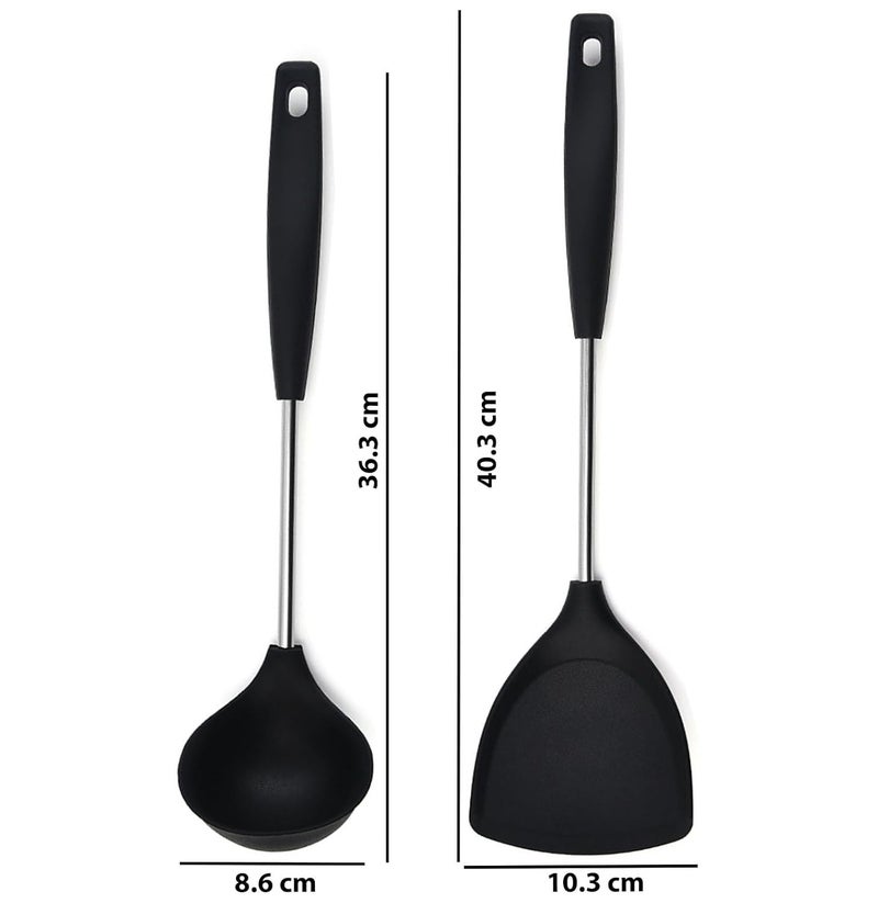 Besillia Besillia Spatula and Ladle Soup Ladle Non Stick Spatula Set Stainless Steel Spatula Paratha Spatula Silicone Spoon for Cooking Set of 2 Black  - Image 2