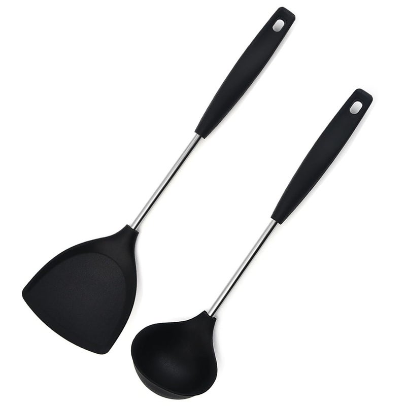 Besillia Besillia Spatula and Ladle Soup Ladle Non Stick Spatula Set Stainless Steel Spatula Paratha Spatula Silicone Spoon for Cooking Set of 2 Black  - Image 1