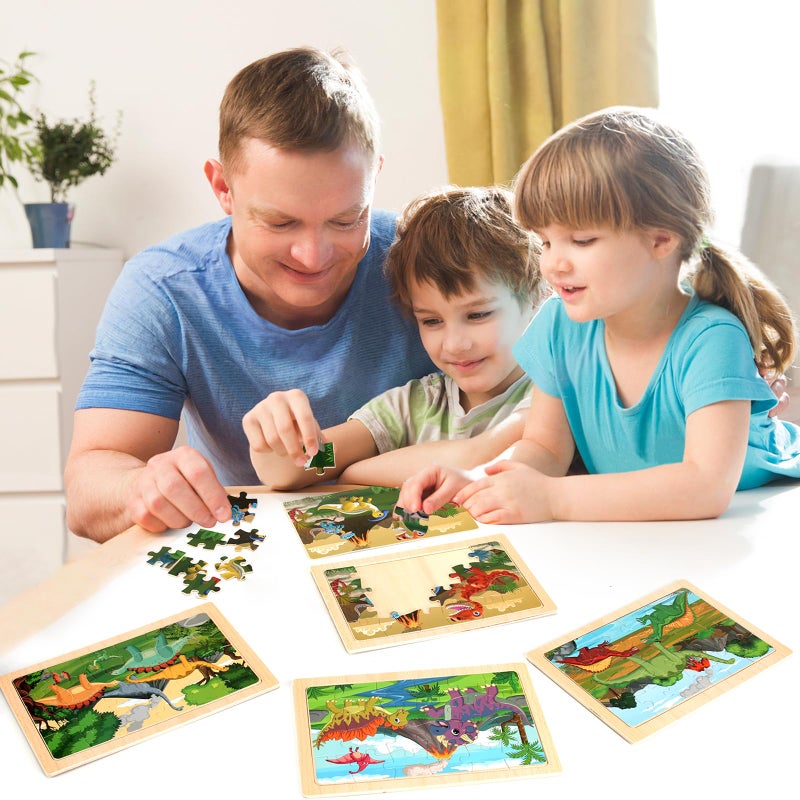 NASHRIO Wooden Puzzles Dinosaur Toys for Kids Ages 3-5, Set of 4 Packs with 20-Piece Wood Jigsaw Puzzles, Preschool Educational Brain Teaser Boards for Boys and Girls 3 4 5 6 Years Old - Image 4