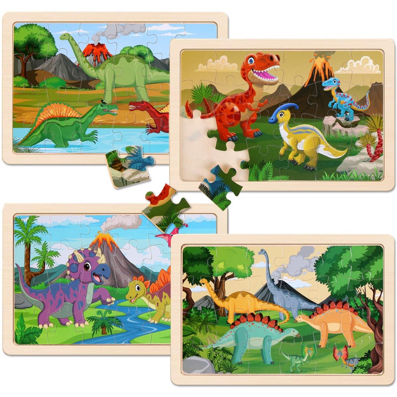 NASHRIO Wooden Puzzles Dinosaur Toys for Kids Ages 3-5, Set of 4 Packs with 20-Piece Wood Jigsaw Puzzles, Preschool Educational Brain Teaser Boards for Boys and Girls 3 4 5 6 Years Old - Image 3