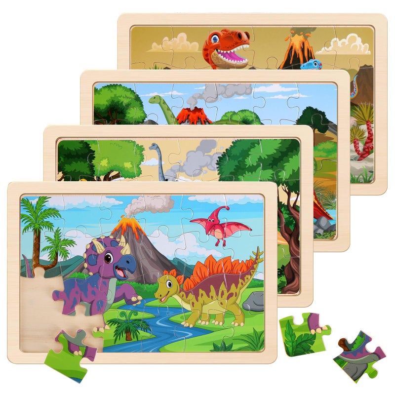 NASHRIO Wooden Puzzles Dinosaur Toys for Kids Ages 3-5, Set of 4 Packs with 20-Piece Wood Jigsaw Puzzles, Preschool Educational Brain Teaser Boards for Boys and Girls 3 4 5 6 Years Old - Image 1