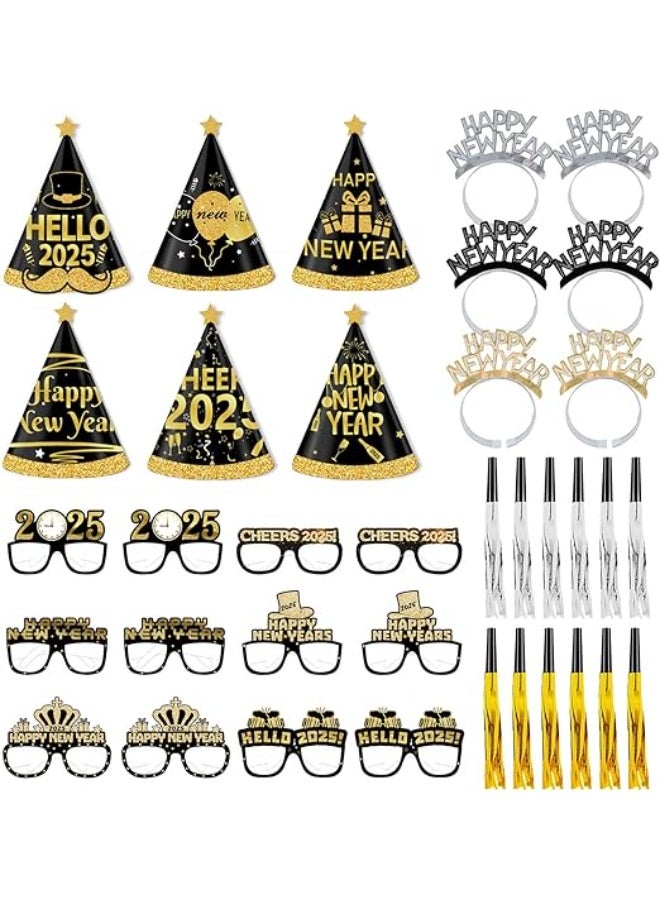 New Year's Eve Decoration 2026, New Year Party Decoration Set, 36 Pieces Happy New Year Headband Party Hats Party Glasses Buns New Year's Eve Decoration 2026 Party Set for Children Adults New Year's