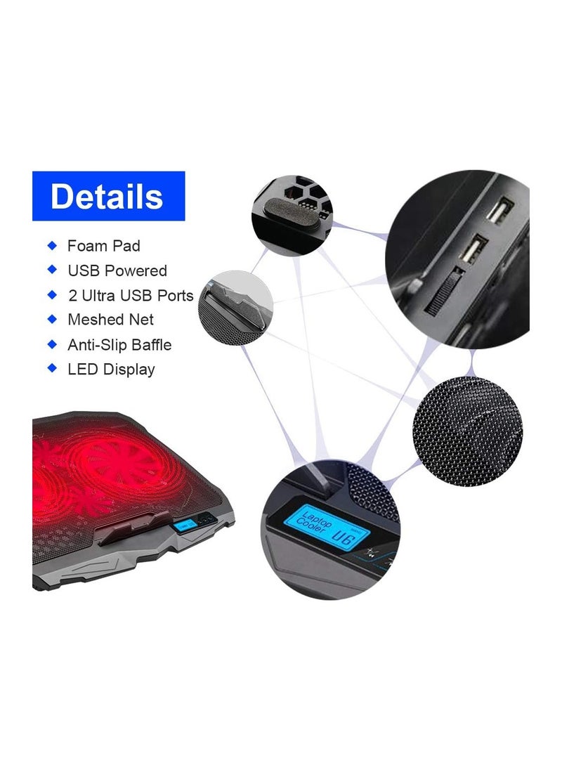 Generic Laptop Cooling Pad with Red LED Light, 4 Quiet Fans, Aluminum Surface, Dual USB Ports, LCD Display, Fits 10''-15.6'' Laptops  - Image 2
